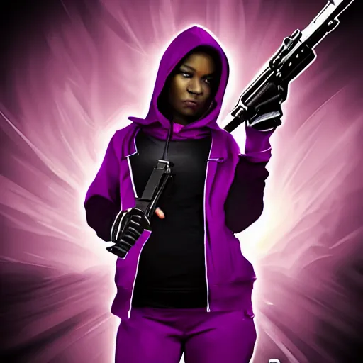 Image similar to poster artwork, sci fi, a female, full body, black hoodie techie, black hair with purple streaks, holding a gun, 8 k