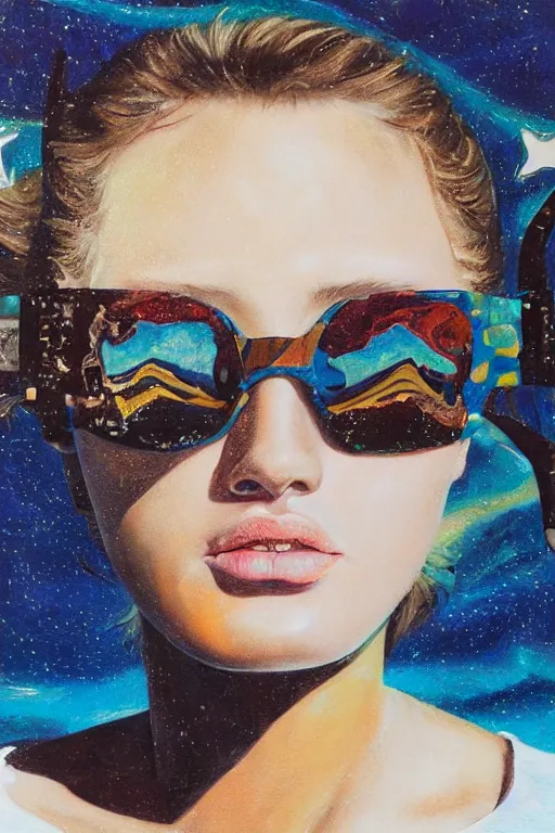 Prompt: hyperrealism oil painting, close-up portrait of fashion model in Wayfarers , melted cyborg, ocean pattern mixed with star sky, in style of classicism mixed with 70s japan book art