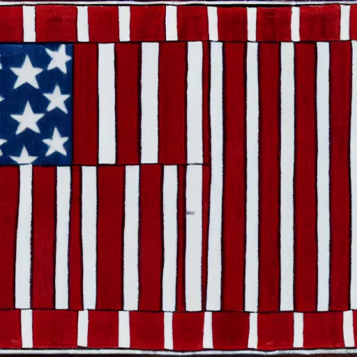 Prompt: a flag with alternating horizontal stripes of red and white. In the top left corner is a rectangular field of blue containing fifty white stars.