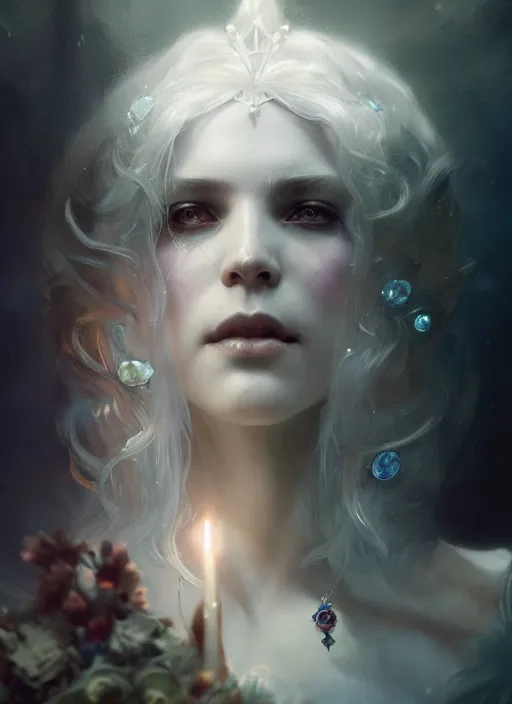 Image similar to a beautiful white haired princess, adorned with precious stone jewelry, intricate concept art, ominous, gorgeous dark fantasy, misty, dramatic lighting, octane render, 8 k, ruan jia and jeremy mann and tom bagshaw and alphonse mucha