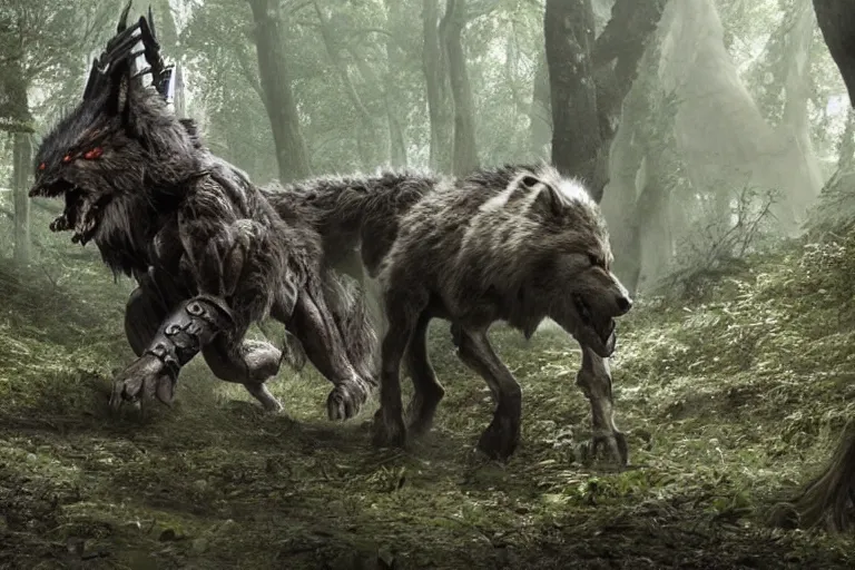 Image similar to vfx movie closeup detailed ancient armored warrior orc hunting riding large wolf in the forest, natural lighting by emmanuel lubezki