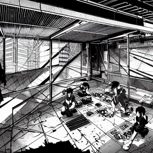 Image similar to high quality illustration of a rooftop picnic in an abandoned building in the style of ghost in the shell and blame and akira, manga, black and white, pencil, traditional art, anime, by katsuhiro otomo and tsutomu nihei and masamune shirow and studio ghilibi and yukito kishiro, highly detailed, sharp lines