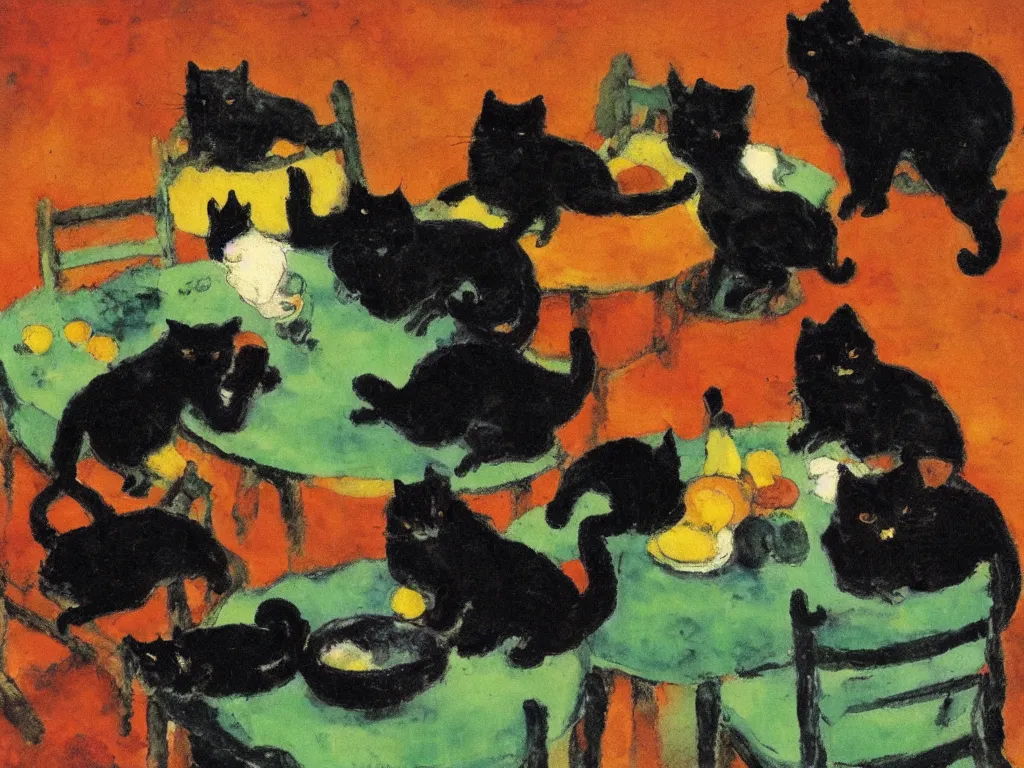 Image similar to Seven cats breaking the tableware. Painting by Emil Nolde