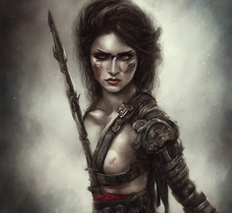 Image similar to a rugged female warrior in the style of tom bagshaw