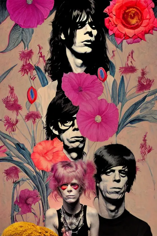 Prompt: the velvet underground and nico playing live on stage at a night club, nico in the center of stage, beautiful stage decoration with flowers in the background, painting by james jean and norman rockwell, very detailed and colorful and toned down and ornamental and moody and cool and relaxed and high on drugs, backlight, trending on artstation, behance contest winner