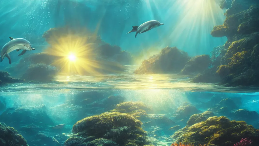 Image similar to underwater, sun rays shining through the water surface, dolphins swimming, peaceful, amazing, by andreas rocha and john howe, and Martin Johnson Heade, featured on artstation, featured on behance, golden ratio, ultrawide angle, f32, well composed