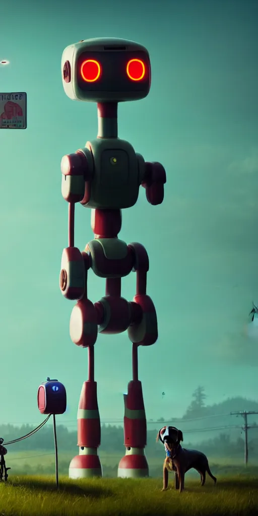 Image similar to tall cute robot with his best dog friend, by Simon Stalenhag, unreal engine, octane render, 8k, rule of thirds