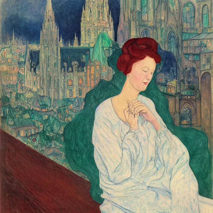 Prompt: close portrait of woman in transparent vaporous night gown with cat and aloe vera, with city with gothic cathedral seen from a window frame with curtains. sun through the clouds, vivid iridescent colors. agnes pelton, egon schiele, munch, henri de toulouse - lautrec, utamaro, monet