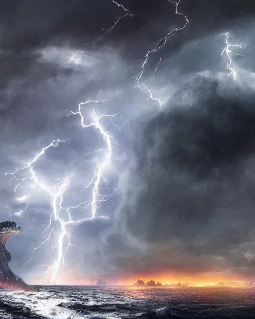 Prompt: godzila hit by a lightning bolt, dramatic thunderstorm, godzilla standing in a scenic landscape, moody, dynamic, intricate, highly detailed, octane render, epic digital painting by alexandre calame and albrecht anker and asher brown durand