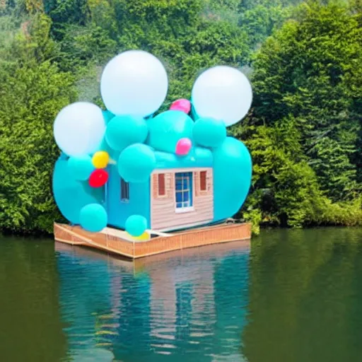 Prompt: floating house inspired by movie up, held by ballons in the air