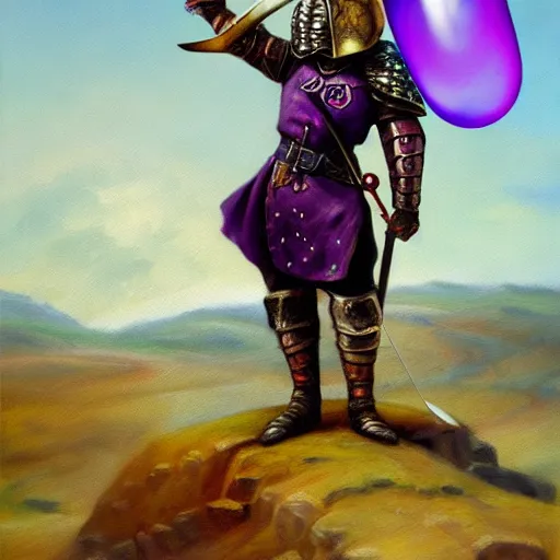 Image similar to armored mouse warrior holding a sword reaches for a floating purple crystal, Oil Painting, RPG Portrait, 8k scan