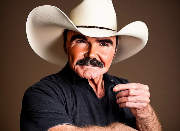 Image similar to studio portrait photo still of 3 0 year old burt reynolds!!!!!!!! at age 3 0 3 0 years old 3 0 years of age!!!!!!! wearing a cowboy hat holding a bucket of fried chicken, 8 k, 8 5 mm f 1. 8, studio lighting, rim light, right side key light