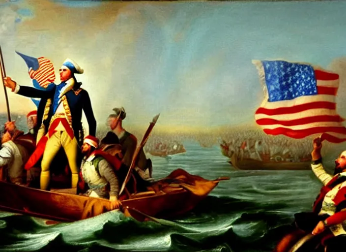 Image similar to oil painting of Washington Crossing the Delaware but Washington is taking a selfie