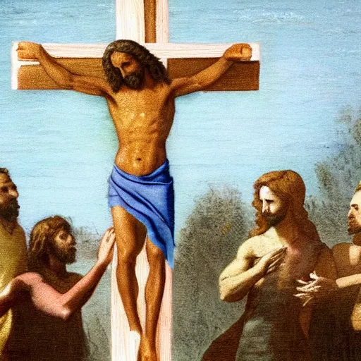 Prompt: jesus on his cross in a pool with water up to his waist