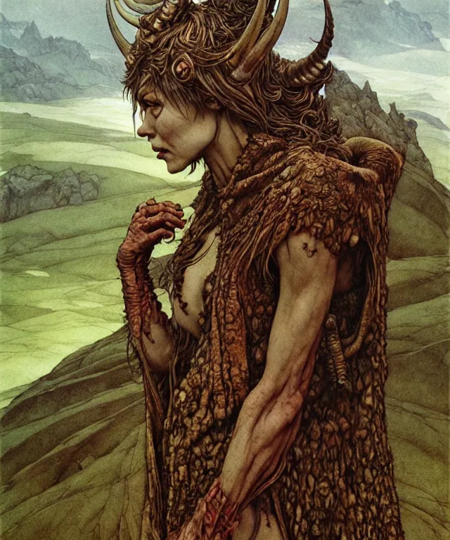 Image similar to A detailed horned dragonwoman stands among the hills. Wearing a ripped mantle, robe. Perfect faces, extremely high details, realistic, fantasy art, solo, masterpiece, art by Zdzisław Beksiński, Arthur Rackham, Dariusz Zawadzki