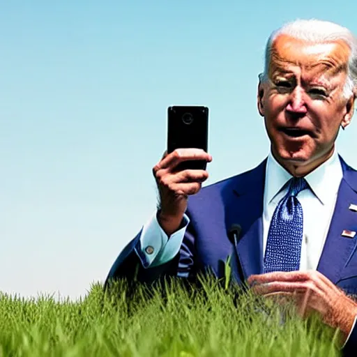 Prompt: joe biden standing on a grass field whilest presenting a phone and screaming directly into the camera.