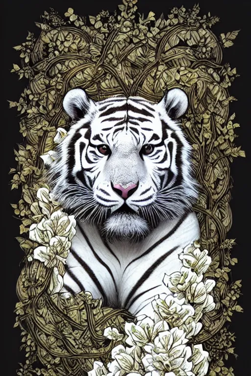 Image similar to ultra realistic full - body white tiger wrapped in vines and white flowers + black paper + elements + white + gold + cyan + baroque + rococo + ink, marc simonetti, paul pope, peter mohrbacher, detailed, intricate ink illustration