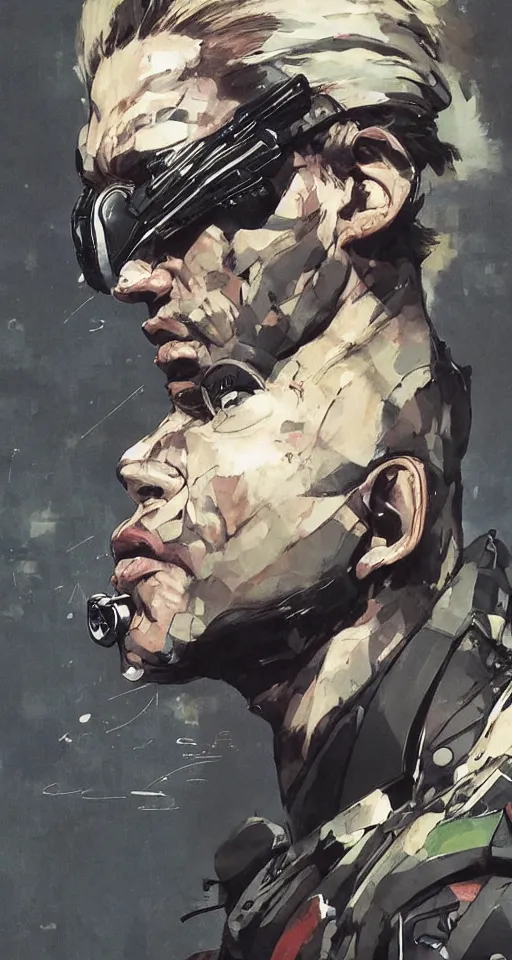 Image similar to a beautiful side portrait painting of a soldier. the soldier has giant insect eyes, compound eyes. art by yoji shinkawa and sandra chevrier, trending on artstation, award - winning, perfect composition.