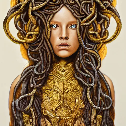 Image similar to symmetrical, detailed portrait color painting of medusa by greg rutowski, gold tones, priestess, full body