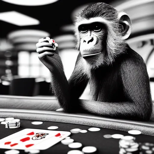 Prompt: monkey in a suit smoking a cigar and playing poker in a casino, 5 0 mm, black and white photo, octane render, realistic