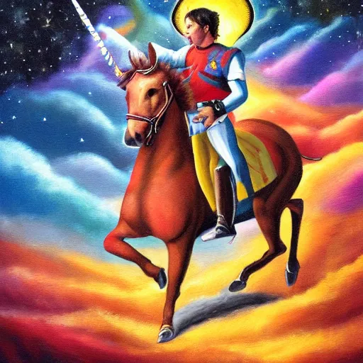 Prompt: wesley crusher riding a unicorn into battle oil painting