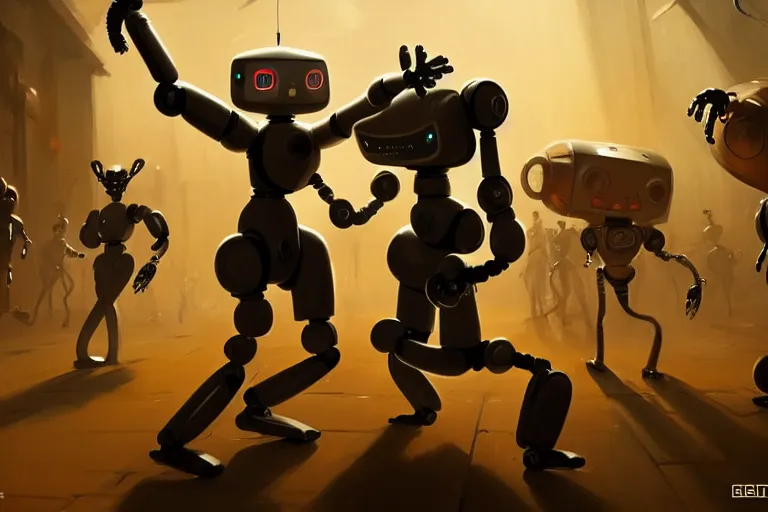 Prompt: robots dancing by otto dix and greg rutkowski and andreas rocha, cinematic lighting, warm colours, ultra realistic, unreal engine, trending on artstation, 4 k