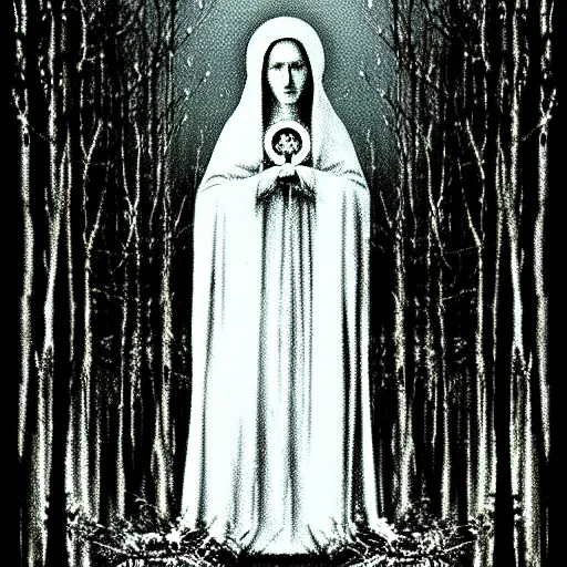 Prompt: marian apparition in forest, found footage, vhs, 1 9 9 0, beautiful, highly realistic, highly detailed, vhs noise static, black and white, vhs glitch