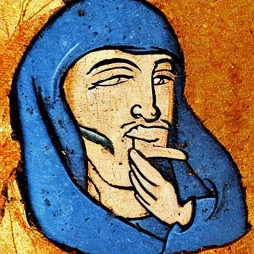 Prompt: medieval manuscript painting of a Smurf