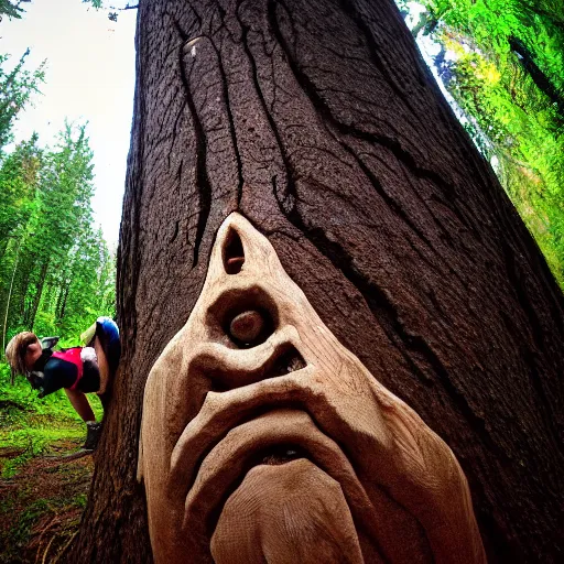 Image similar to ultra wide fisheye photo if a hiker accidentally carving their name into the bark at the base of a gigantic tree ent's leg, which looks down at him from high above angrily, trending on artstation hyperreal