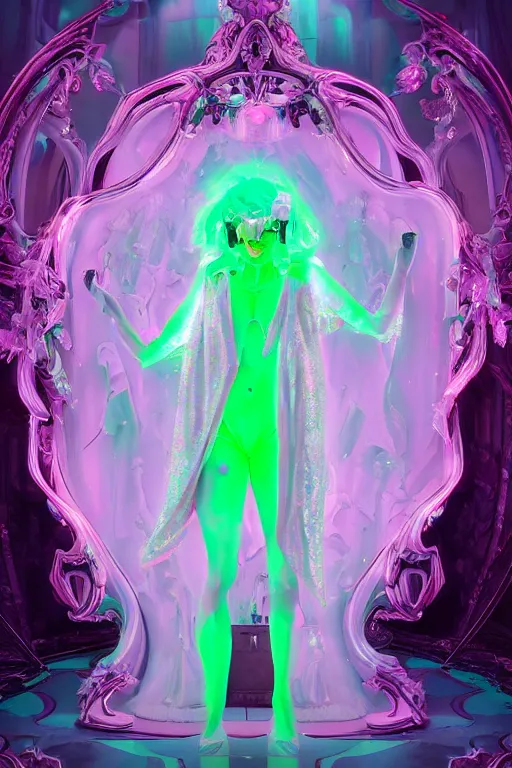 Prompt: photo of fullbody rococo and cyberpunk delicate neon crystalline sculpture of beautiful curvy onyx albino marble goddess as mint iridescent humanoid deity wearing pink plastic hooded cloak holding an onyx rose in an onyx space dungeon, reclining, glowing neon green face, crown of white diamonds, cinematic lighting, photorealistic, octane render 8 k depth of field 3 d