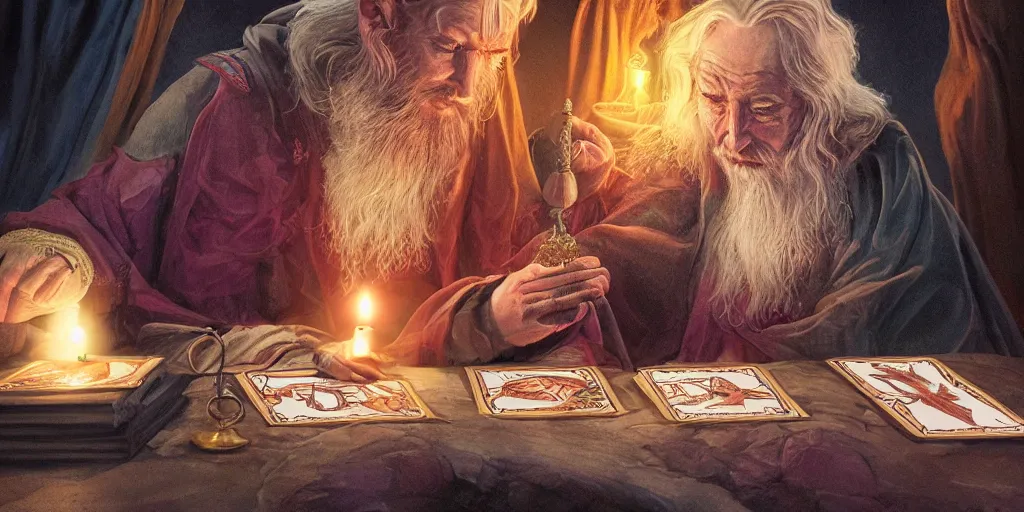 Image similar to wizard performing a tarot reading, cards, fantasy, digital art, soft lighting, 8 k, highly detailed