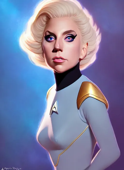 Image similar to cute star trek officer lady gaga, natural lighting, path traced, highly detailed, high quality, digital painting, by don bluth and ross tran and studio ghibli and alphonse mucha, artgerm