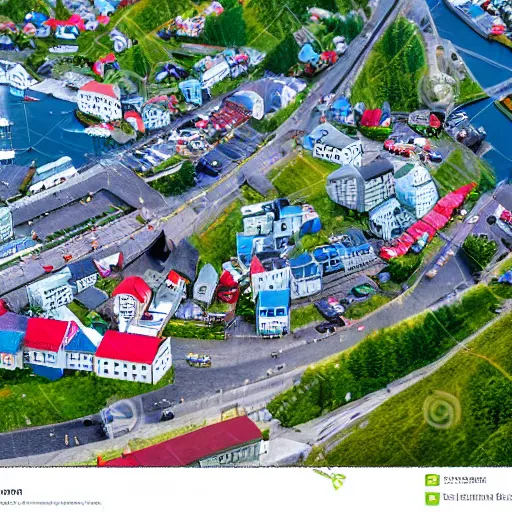 Image similar to isometric view of bodø in norway, miniature, tilt - shift, colorful, arctic