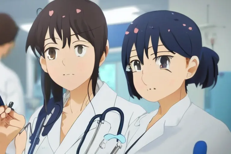 Image similar to a cute young female doctor wearing white coat are doing an operation in a hospital, slice of life anime, cinematic, lighting, anime scenery by Makoto shinkai