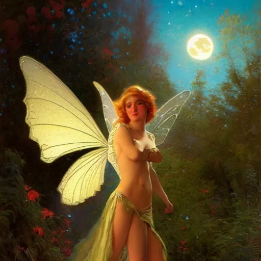 Image similar to attractive fairy magically floating high in the night, fantasy, full moon in background. highly detailed painting by gaston bussiere, craig mullins, j. c. leyendecker, mid shot, 8 k