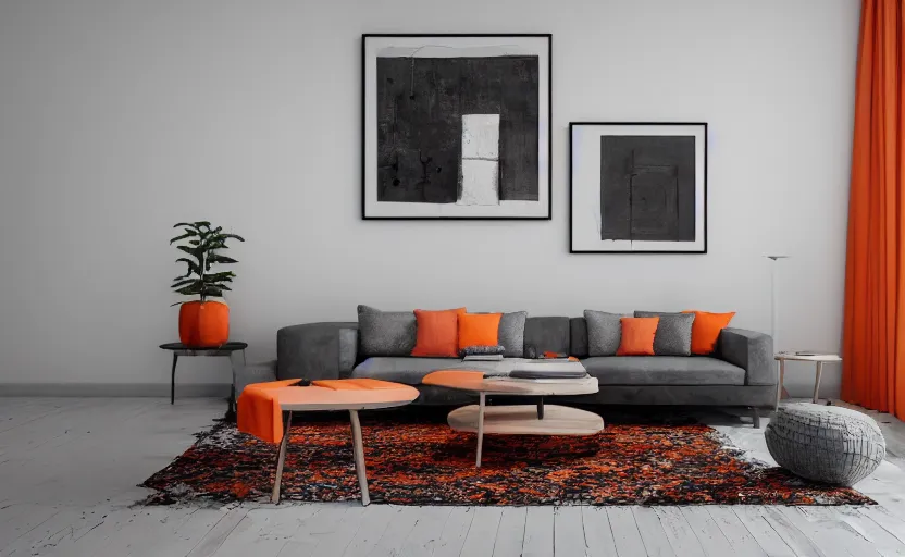 Prompt: a concrete room with a wooden table and a leather sofa and paintings on the wall, high quality, 8 k, architecture, symmetrical, harmonious, black white and orange colours, calm, high coherence, natural lighting, path traced, highly detailed, hyperrealistic, concept art, octane render, unreal engine 5, trending on artstation, beautiful, elegant