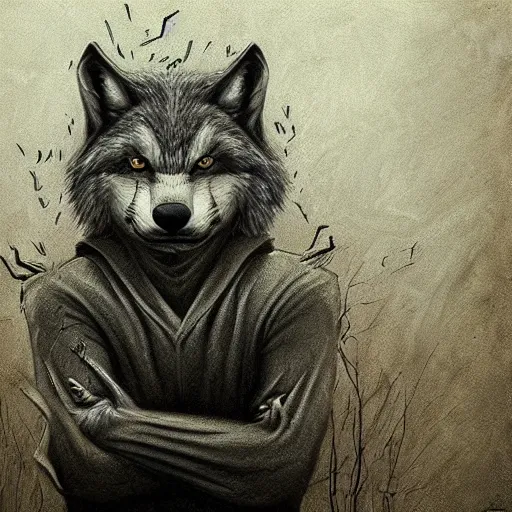 Image similar to wolf like a human, holding brush, artwork by Antón Semenov,