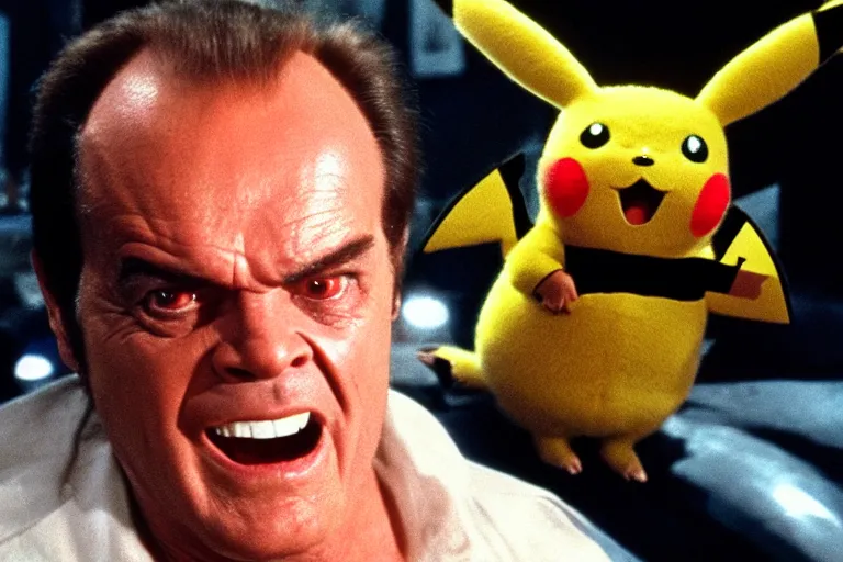 Image similar to Jack Nicholson in costume of Pikachu Terminator scene where his endoskeleton gets exposed and his eye glow red still from the film