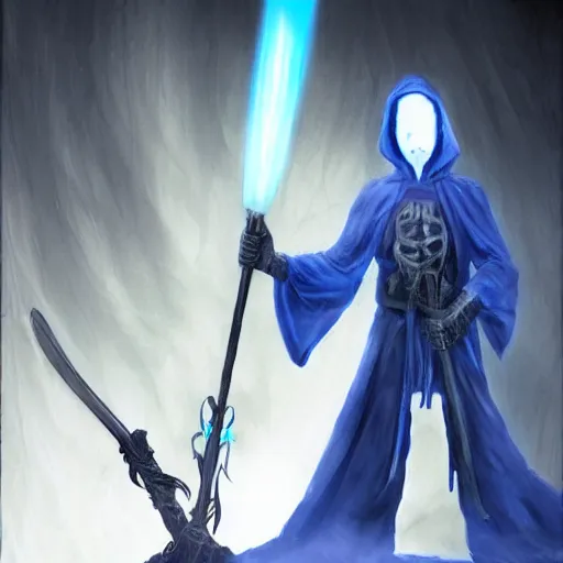 Image similar to a grim reaper with a monitor for a face. the monitor has a blue screen with white letters on it. the cloak is made of smoke with glowing code sprinkled throughout it. the blade of the sickle is a stick of ram. fantasy art
