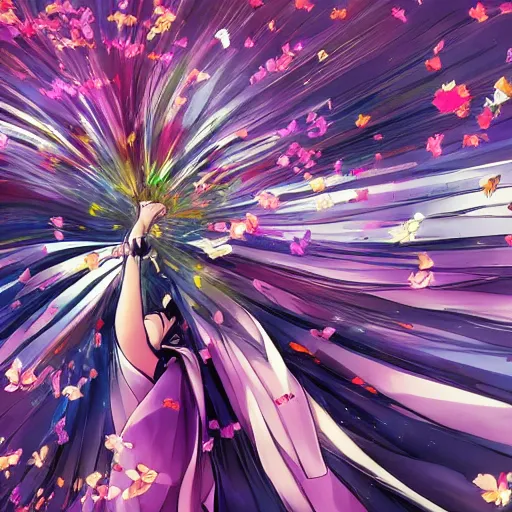 Image similar to background art of spaciously scattered multi colored flower petals flowing through the air from left to right on a clean background, anime, artgerm, manga, trending on artstation, yoji shinkawa, art nouveau