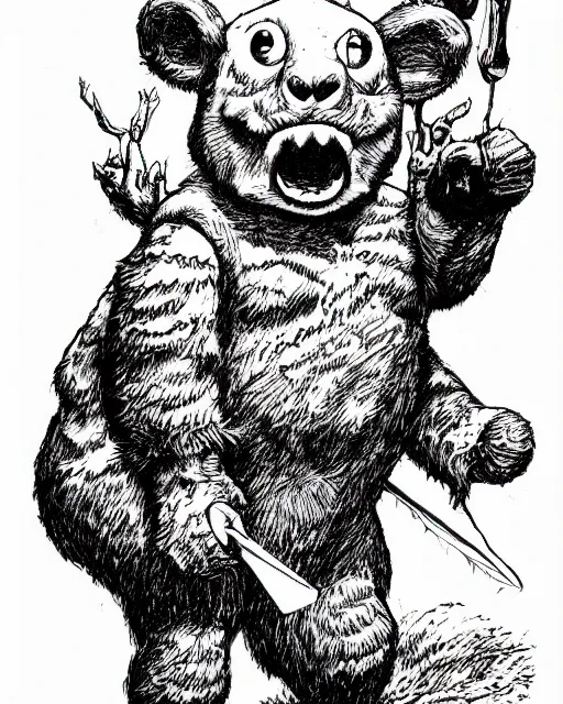 Prompt: an illustration of teddy ruxpin, full body, pen-and-ink illustration, etching, by Russ Nicholson, DAvid A Trampier, larry elmore, 1981, HQ scan, intricate details, Monster Manula, Fiend Folio