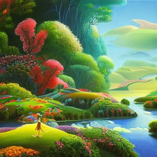 Image similar to A beautiful painting of of a landscape. It is a stylized and colorful view of an idyllic, dreamlike world with rolling hills, peaceful looking animals, and a flowing river. The scene looks like it could be from another planet, or perhaps a fairy tale. by Hsiao-Ron Cheng, by Paul Gustav Fischer improvisational