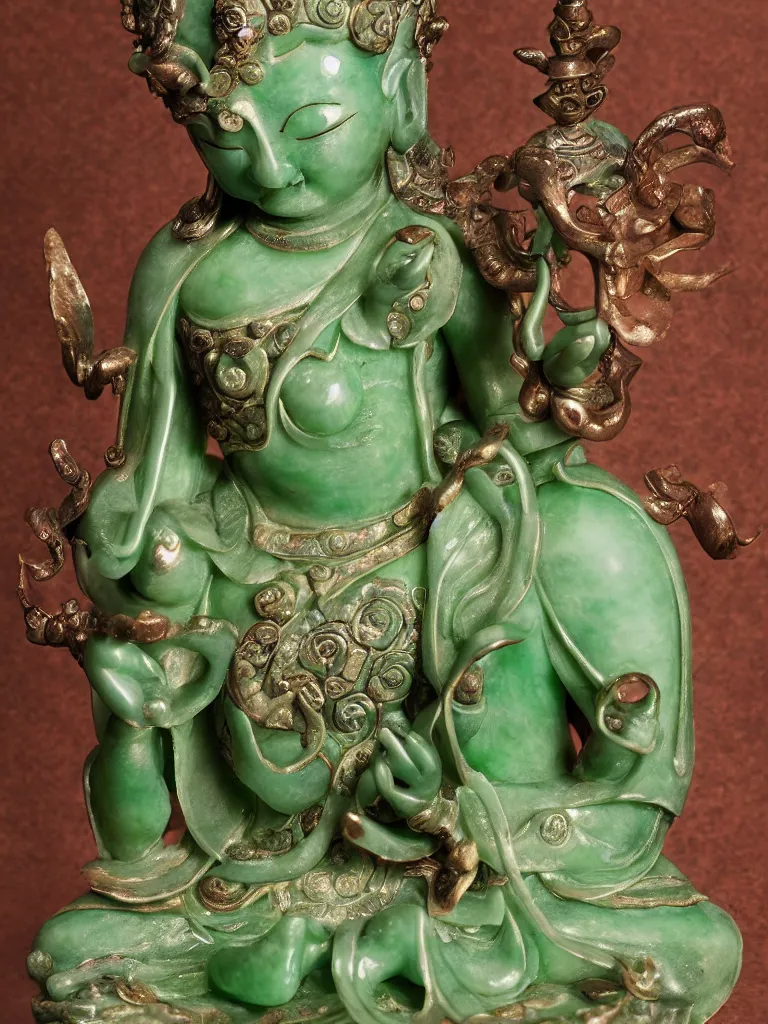 Image similar to beautiful detailed jade sculpture of meditating buda with with metal lotus flower on his head, in a gallery setting, influenced by ruan jia and greg rutkowsk. professional studio photo, full object in middle, well centered, 1 5 0 mm lens, high definition