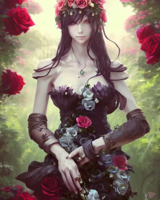 Image similar to an elegant lady surrounded by skulls in a garden full of roses, final fantasy, cushart krenz, cushart krenz, very detailed, realistic face, detailed face, matte, tonemapping, perfection, 4 k,