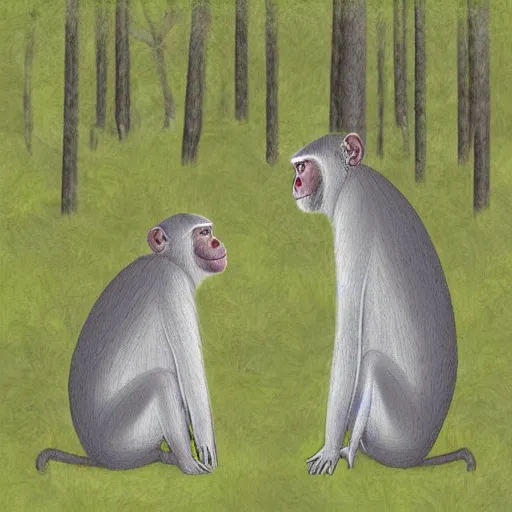 Image similar to two macaques looking at each other inside forest, digital art, soft shadows, creepy art, sun flare