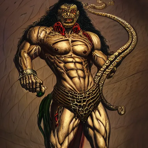 Prompt: serpent - man warlord wearing bronze age clothing, bodybuilder snake, anatomical, horrific background symmetrical, zoom out, high quality, high definition, 8 k, photograph photorealistic by frank frazetta