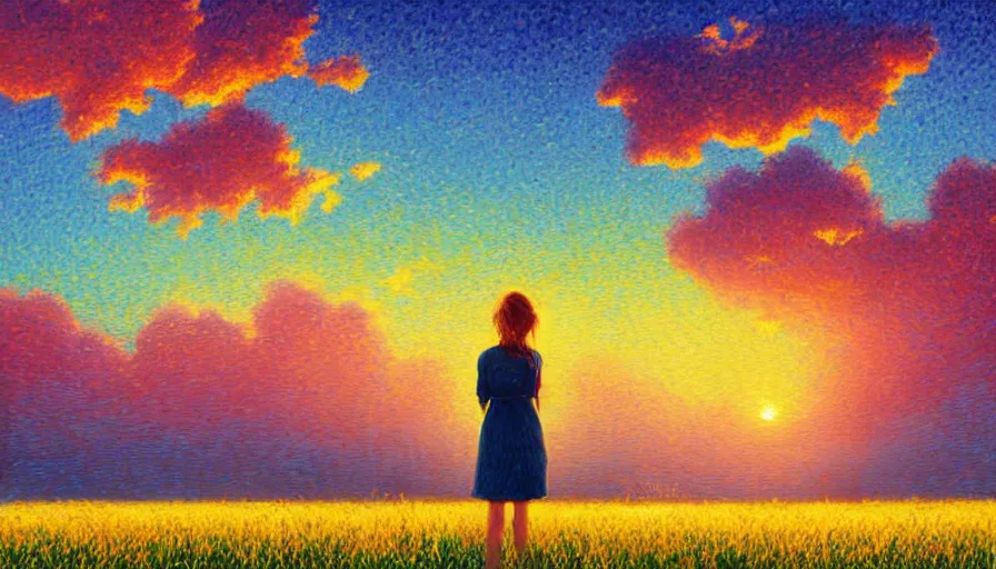 Prompt: daisy face, full body, girl watching sunset, empty wheat field, surreal photography, colorful clouds, tree, impressionist painting, colorful clouds, digital painting, pointillism, artstation, simon stalenhag