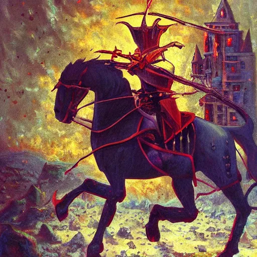 Image similar to knight's untimely demise, dark fantasy, oil painting, high detail