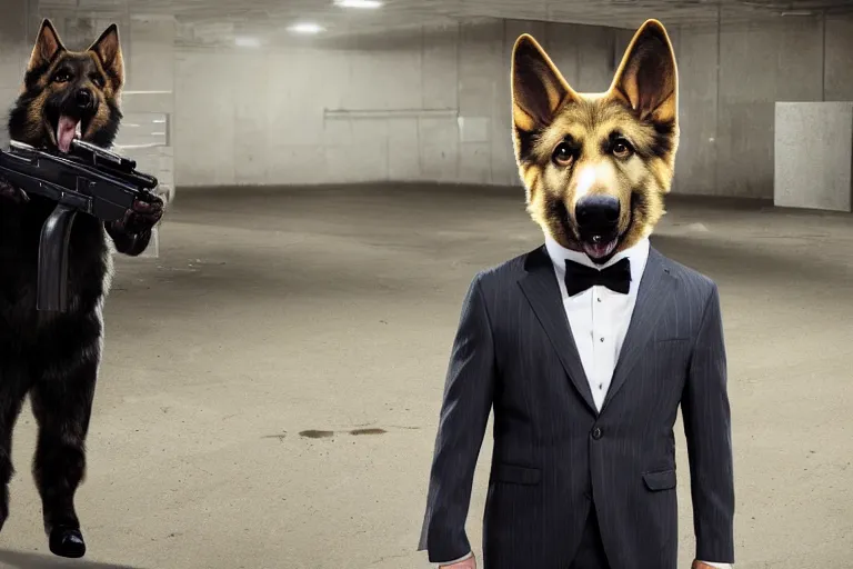 Image similar to film still of furry anthro anthropomorphic german shepard head animal person fursona wearing clothes a suit and tie standing holding a gun in a garage in an action movie 2020, 4k