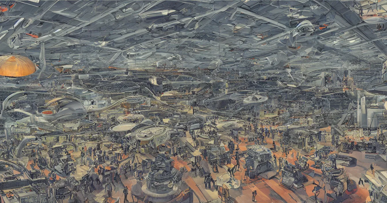 Image similar to Interior of the hall in area 55, full of alien military equipment, engineers working on flying saucers, high detail, wide perspective, saturated colors, by Feng Zhu